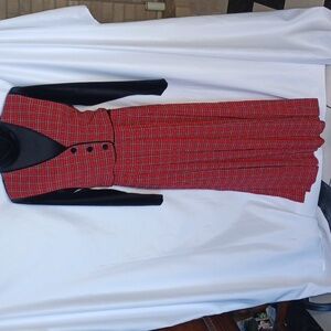 Vintage J.B.S Plaid Dress, Red Plaid w black velvet top, faux vest